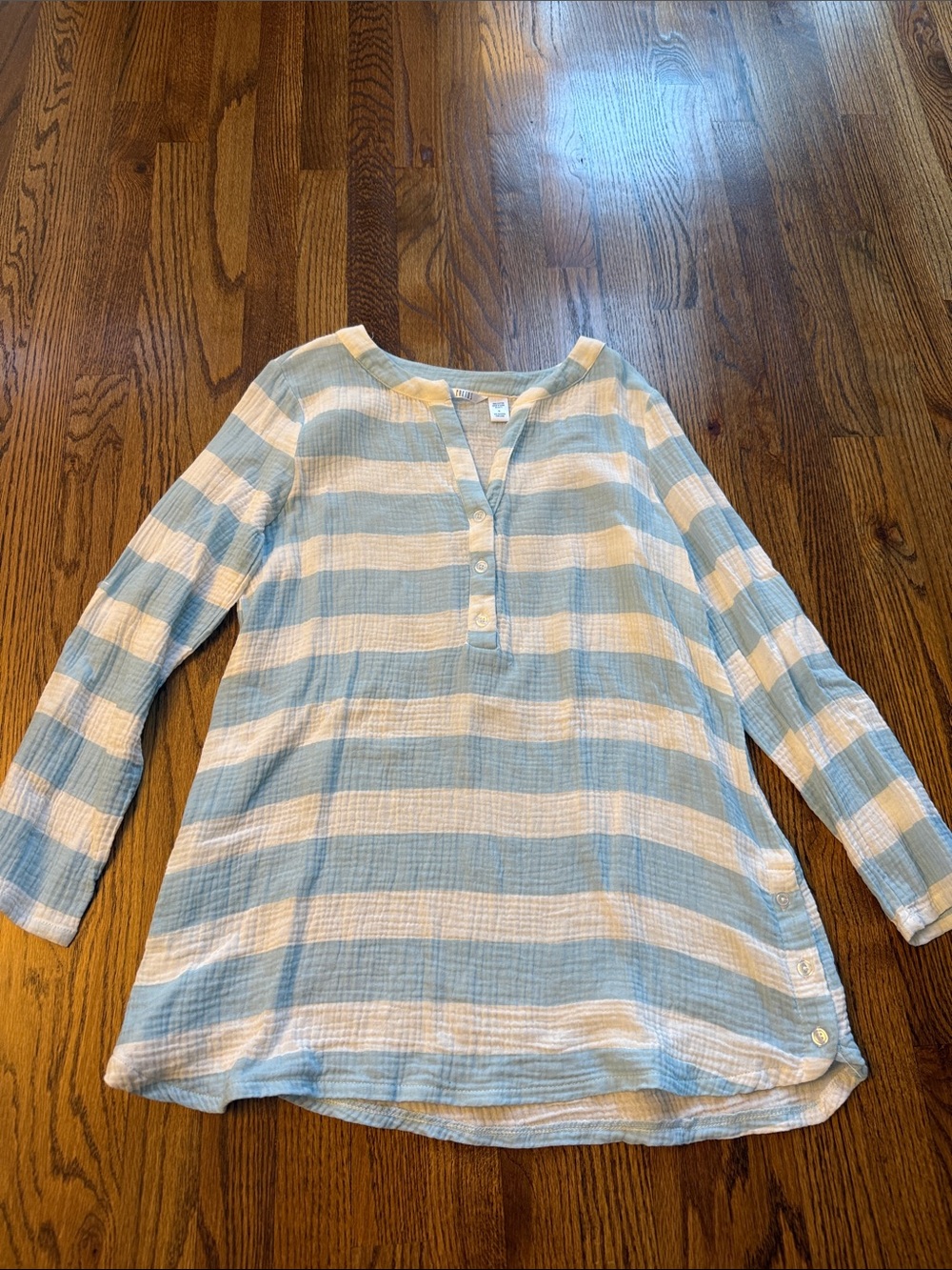 Kaktus Light Blue & White Gauze Striped Button Henley Tunic